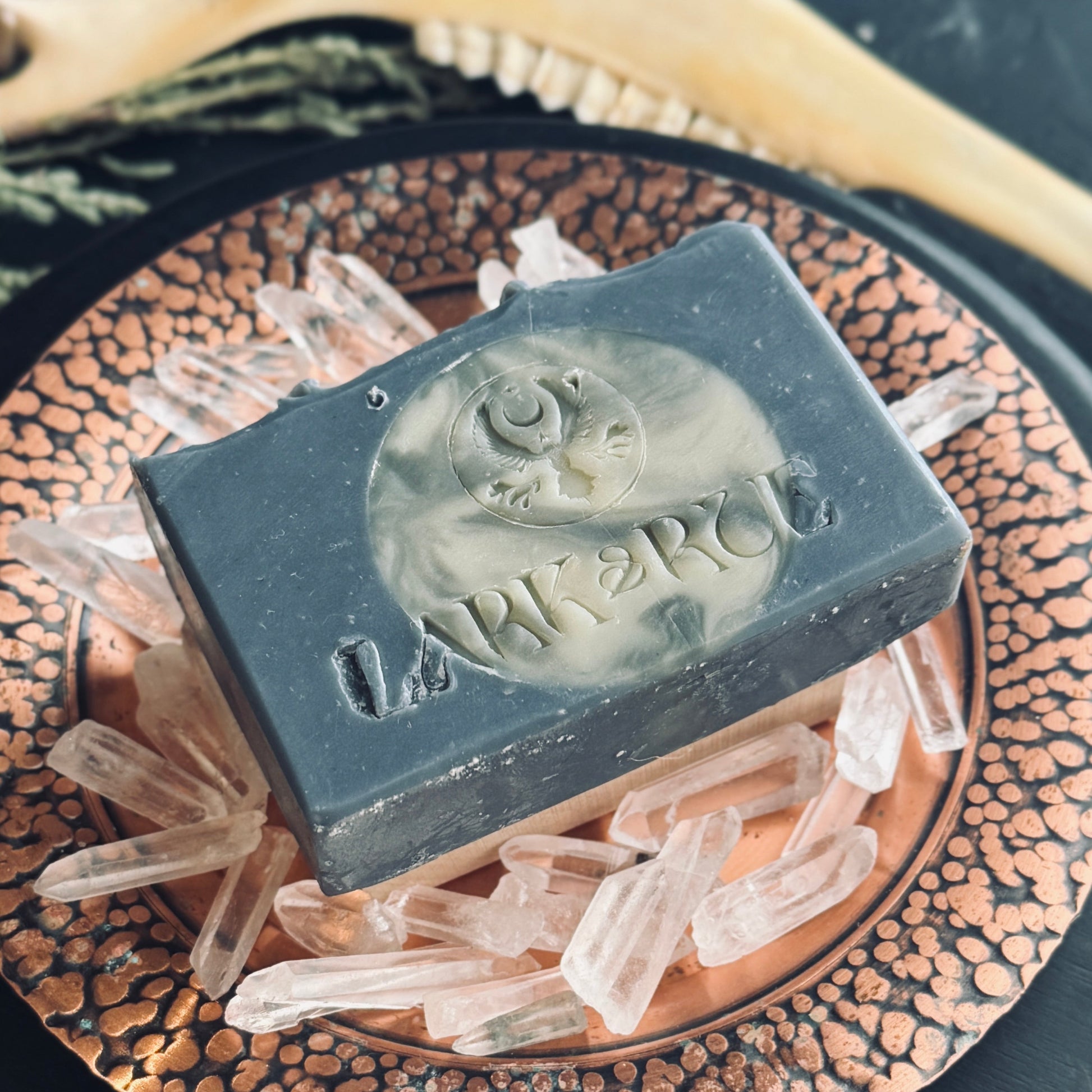 Dusty blue bar of soap with full moon embed